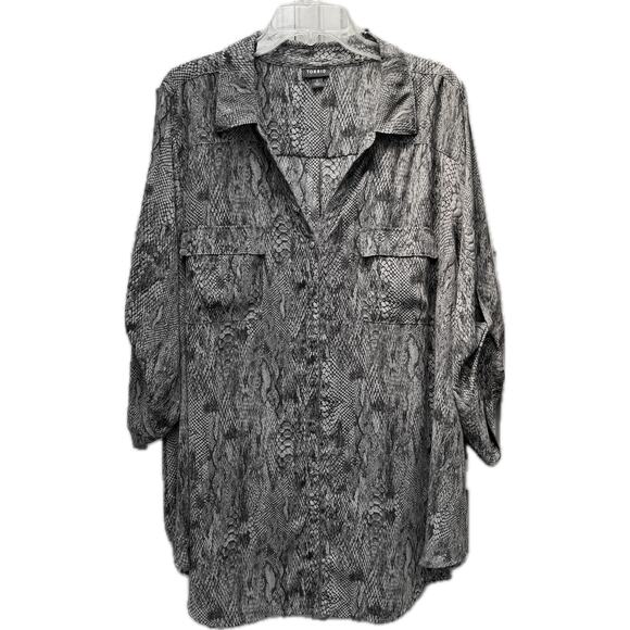 Torrid Boho Button-Up Snakeskin Print Roll Tab Sleeves Blouse Women 4 (4X) Gray - Picture 1 of 10